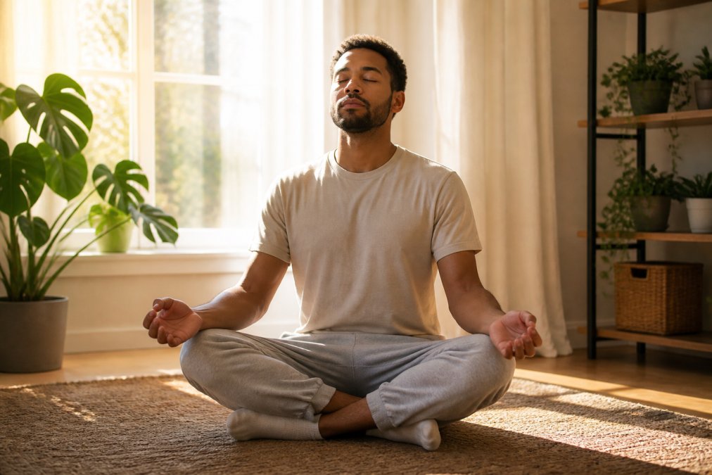Person sitting cross-legged in peaceful home environment with morning light streaming through window, eyes closed, hands resting on knees, calm focused expression