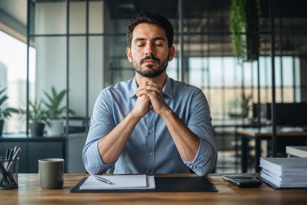 Professional at desk taking mindful moment with hands folded, sitting upright with calm posture, office environment softly blurred in background, appearing grounded and centered