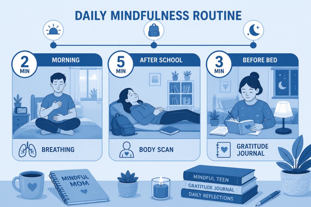 Daily routine timeline showing when to practice mindfulness: morning (2 min breathing), after school (5 min body scan), before bed (3 min gratitude journal). Here is a simple daily rhythm that works: - **Morning (2 minutes):** Three slow breaths before getting out of bed - **After school (5 minutes):** A quick body scan while eating a snack - **Before bed (3 minutes):** A gratitude journal entry, one line is enough The body scan is simple: close your eyes and notice each part of your body from head to toes, no judgment. ## Step 6: Address Digital Fatigue With a Social Media Detox Most advice stops at "put the phone away." That fails because the phone is not the problem, the *loop* is: scroll, compare, feel behind, scroll again. A detox that only removes the phone leaves the anxiety loop intact, and the teen returns to it the moment the phone comes back. Treat this as two skills, noticing the loop and interrupting it, both teachable in under five minutes. ### Name the Digital Trigger Before You Remove the Phone Before any detox window, have your teen identify *which* app and *which* moment pulls them in hardest. Common patterns: - The 11 p.m. "one more video" spiral that pushes sleep back an hour - The post-posting refresh loop, checking likes every few minutes for the first hour - The comparison scroll after seeing a friend's post from a gathering they weren't invited to Naming the pattern out loud converts a vague "I'm on my phone too much" into a specific target, and gives the teen language to catch the moment *before* the scroll starts, where mindfulness actually lives. ### Mindful Scrolling: A 3-Step Pause Instead of an all-or-nothing ban, teach a pause that fits inside the habit: 1. **Notice the reach.** The hand moves toward the phone before the decision does. Catch that. 2. **Name the feeling underneath.** Bored? Anxious? Avoiding something? One word is enough. 3. **Choose on purpose.** "I'm going to scroll for ten minutes, then stop" is mindful. Autopilot scrolling is not. The goal is not less phone, it is *chosen* phone. This is the piece most guides skip. Teens do not need to be told screens are bad. They need a way to stay awake inside the habit. ### Build a Detox Ladder, Not a Cliff Cold-turkey bans backfire because they trigger rebellion and shame. Build up in steps: - **Days 1-2:** Phone-free meals. Phone stays in another room, not face-down on the table. - **Days 3-4:** No social media for the first 30 minutes after waking. Replace with water, light, and one minute of breathing. - **Days 5-7:** One full evening offline per week. Pick a night that is already low-stakes. Each rung is small enough to keep. Skipping rungs is the most common reason detoxes collapse. ### Replace the Scroll, Don't Just Remove It A restriction with no substitute creates a vacuum the phone refills. Pair every removed window with something tactile or social: - A walk with music, no phone in pocket - A card game or board game with a sibling or parent - A journal prompt, three lines, not a page The replacement does not need to be productive. It needs to be *available*. ### Watch for the Signs of Digital Anxiety A short detox is not a substitute for support. If your teen shows persistent signs, trouble sleeping even on phone-free nights, withdrawal from friends, panic when separated from the phone, or a mood that does not lift after several days offline, that is a signal to talk to a pediatrician or a licensed mental health provider. The [Centers for Disease Control and Prevention's page on teen mental health