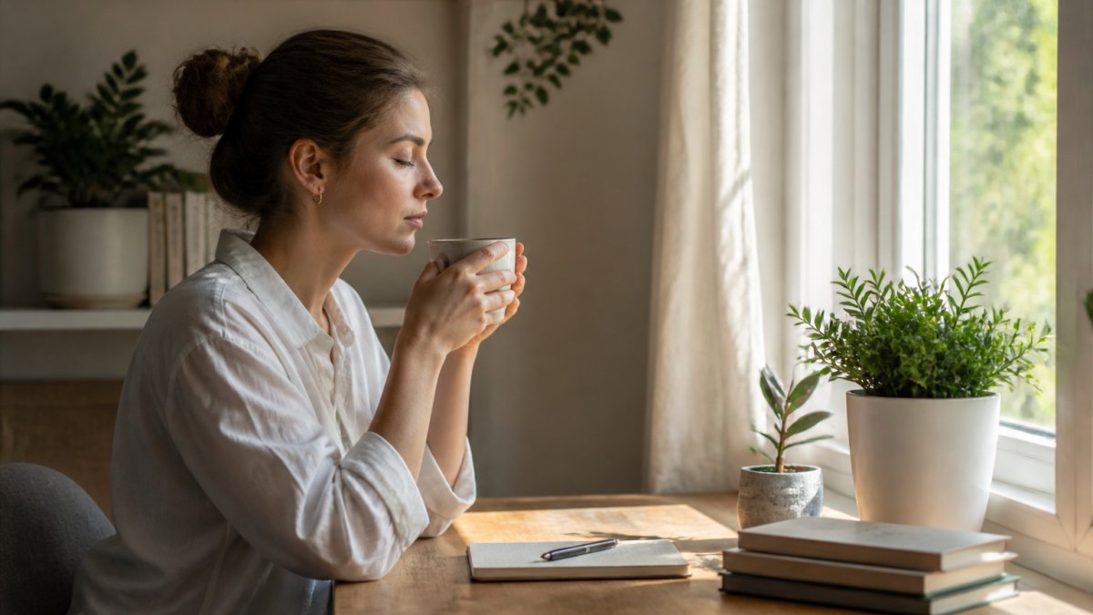 Person sitting at a sunlit desk with a cup of tea, taking a calm mindful pause before starting work.