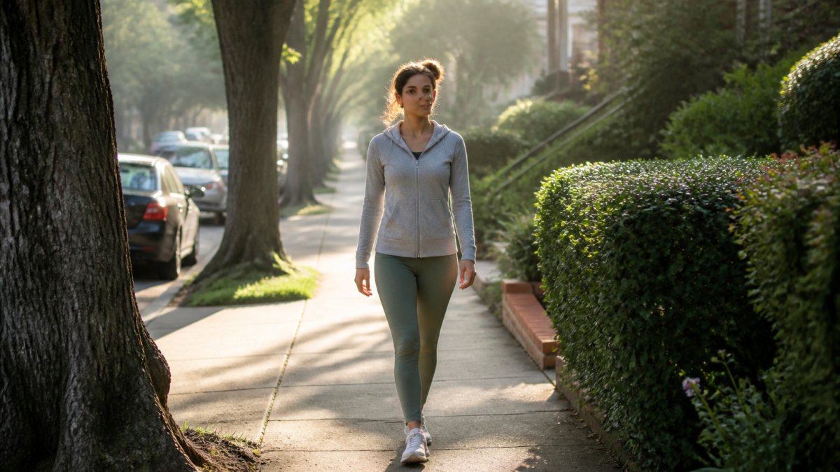 Person practicing mindfulness without meditation by walking slowly along a tree-lined sidewalk in the morning light.