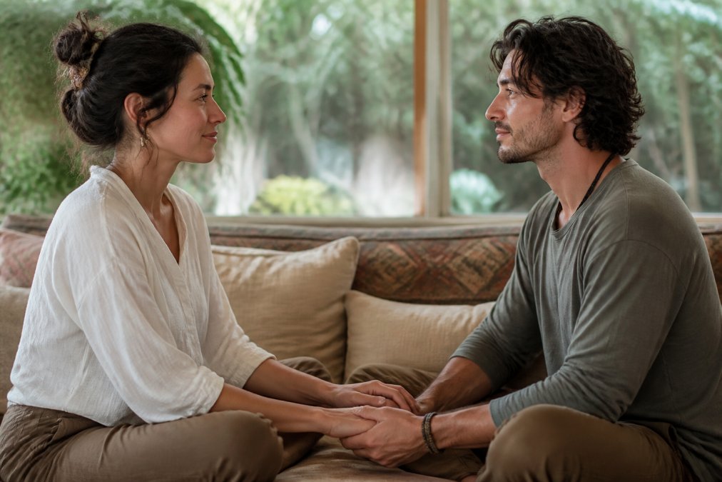 A couple sitting face-to-face on a comfortable couch in soft natural lighting, maintaining gentle eye contact while their hands rest gently together, both breathing slowly and deliberately in a moment of calm connection