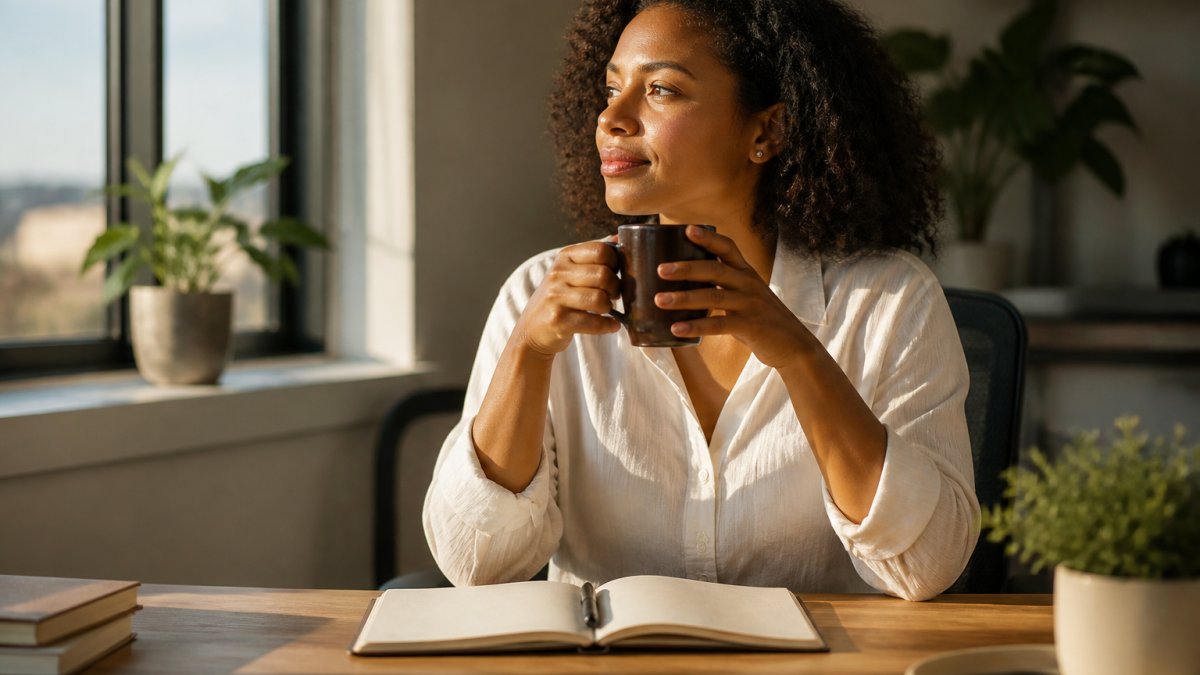Professional woman at her desk in morning sunlight, holding a warm mug of coffee, with an open notebook and pen in front of her, taking a centered moment before starting her workday, calm focused expression