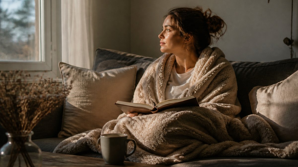 A person sitting on a couch in soft morning light, wrapped in a plush blanket with a journal open on their lap and a mug nearby, quiet and calm