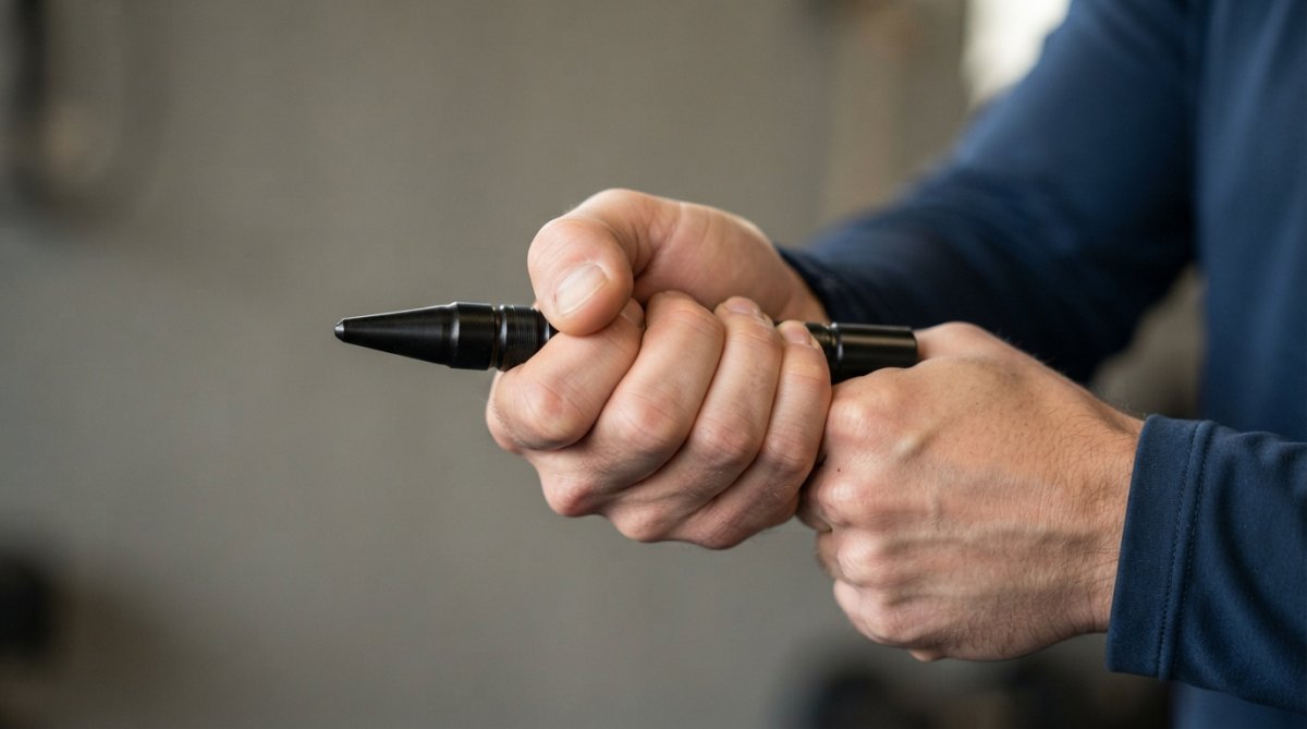 Close-up of hands demonstrating proper kubotan grip with striking end extended, showing correct finger positioning and thumb placement on neutral background