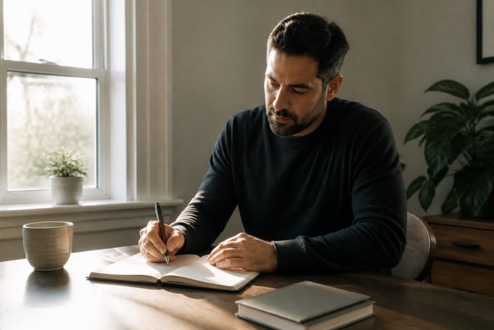 Person writing in a planner with coffee at a minimal desk for self discipline daily routines