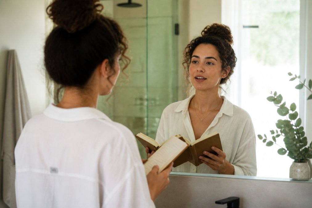 A woman standing before a bathroom mirror in soft morning light, holding a small open notebook, her expression calm and focused as she speaks to her reflection
