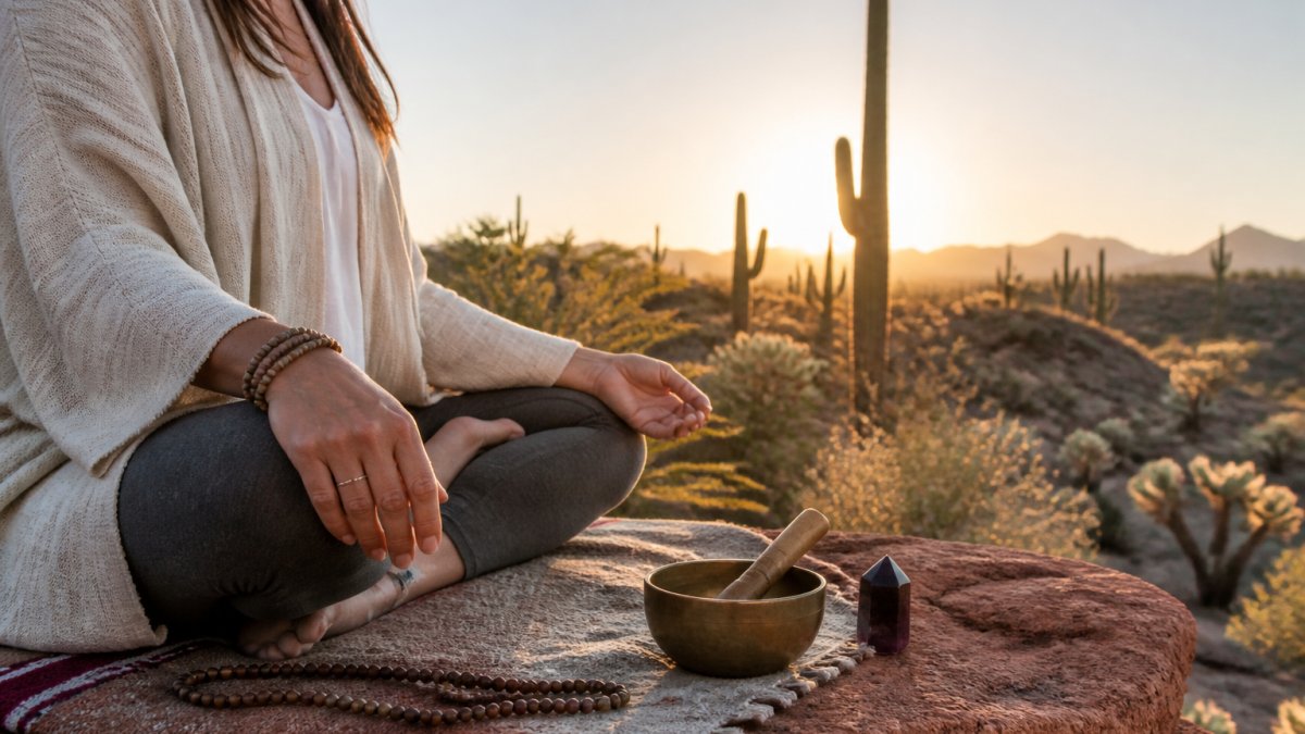 A person sitting cross-legged on a red rock ledge at sunrise in the Sonoran Desert, eyes closed, hands resting on knees, saguaro cacti silhouetted in the soft morning light