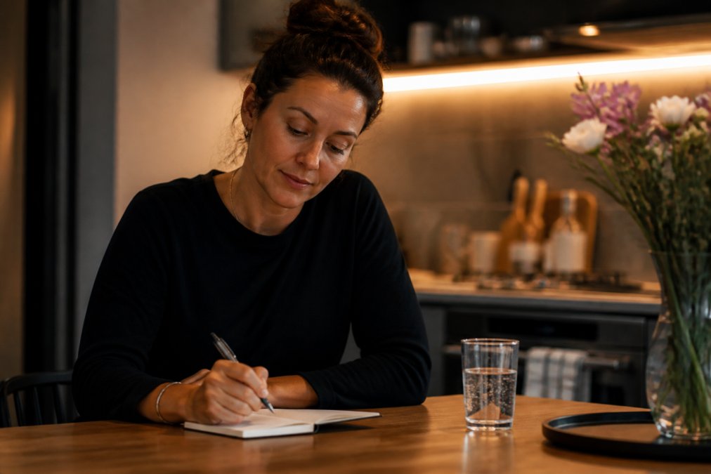 A professional in their mid-30s sitting at a kitchen table in the evening, writing in a small notebook beside a glass of sparkling water, warm lamp light, calm and reflective mood