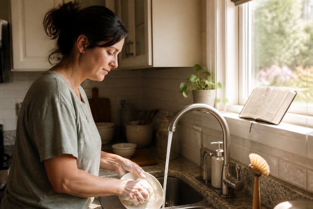 A mother washing dishes in a sunlit kitchen with a prayer card on the windowsill, showing how to pray when you have no time.