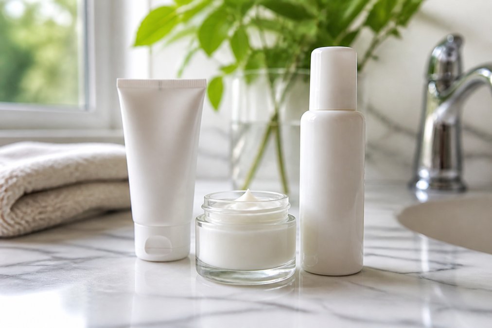 Close-up of skincare products arranged on a clean bathroom counter with natural morning light: gentle cream cleanser, hydrating moisturizer in a glass jar, and broad-spectrum sunscreen bottle