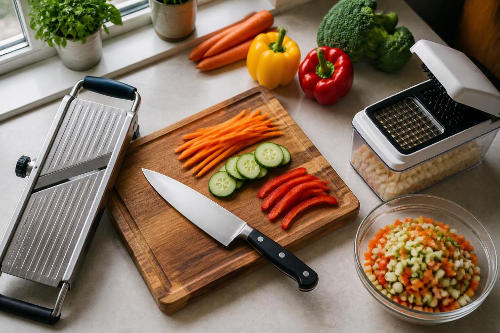 Overhead view of a clean prep station with a sharp chef's knife on a wooden cutting board, a mandoline slicer, vegetable chopper, and fresh colorful vegetables (carrots, bell peppers, broccoli) arranged nearby with soft natural window lighting