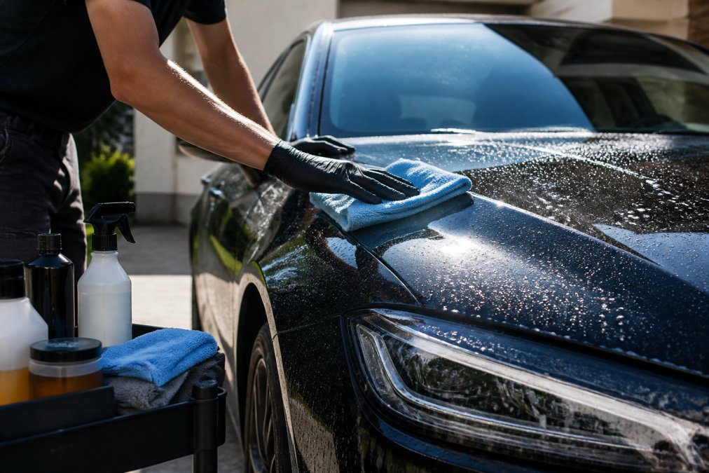 Person using microfiber cloths and professional detailing supplies to wash and polish a car exterior in bright daylight, with water droplets catching sunlight on the vehicle's hood