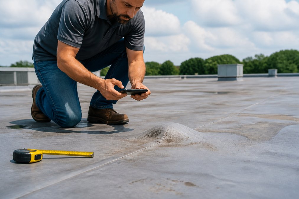 A commercial roofing inspector in work boots kneeling on a low-slope roof, holding a smartphone to photograph a blister in the membrane, with a tape measure visible on the surface