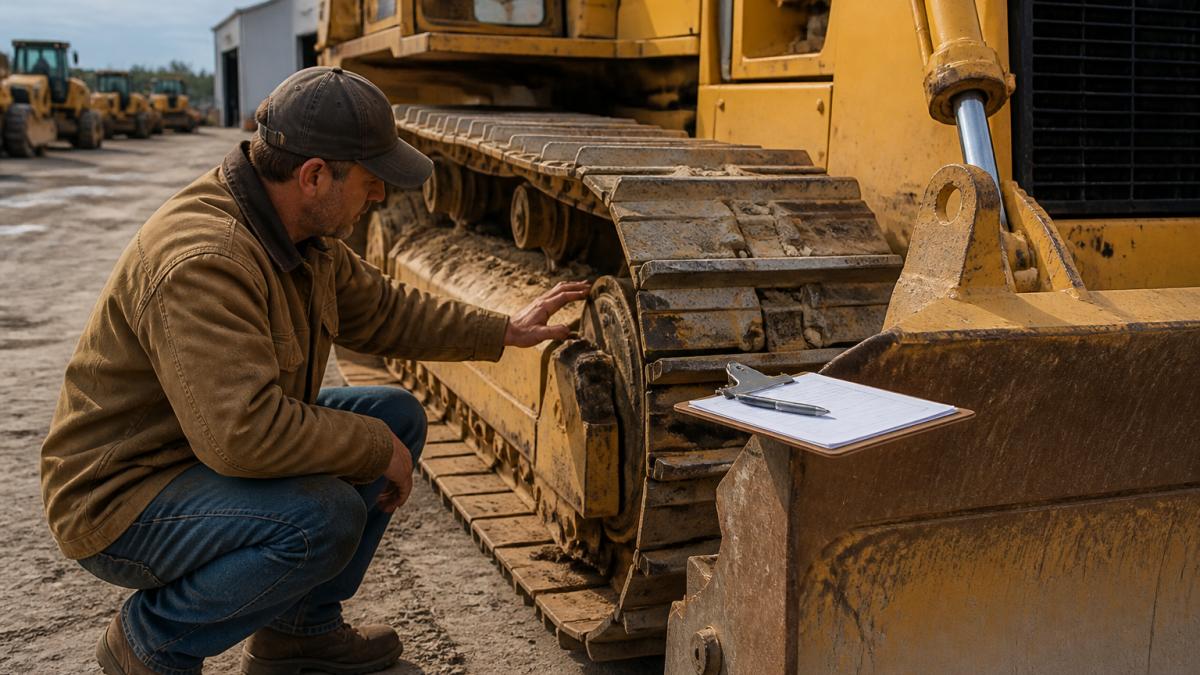 A seller in work clothes crouching beside the tracks of a yellow crawler dozer in an outdoor equipment yard, running a hand along the track links while a clipboard rests on the blade