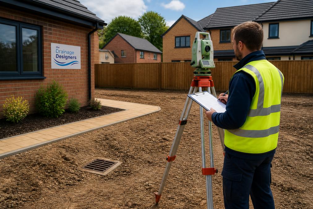 Professional surveyor on residential property measuring ground levels with surveying equipment, clipboard visible, showing existing drainage features and site boundaries in natural daylight