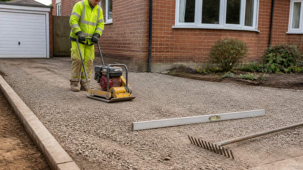 A worker in high-visibility clothing using a plate compactor on a freshly levelled MOT Type 1 driveway sub-base, with a spirit level and rake nearby on a residential driveway in Norfolk