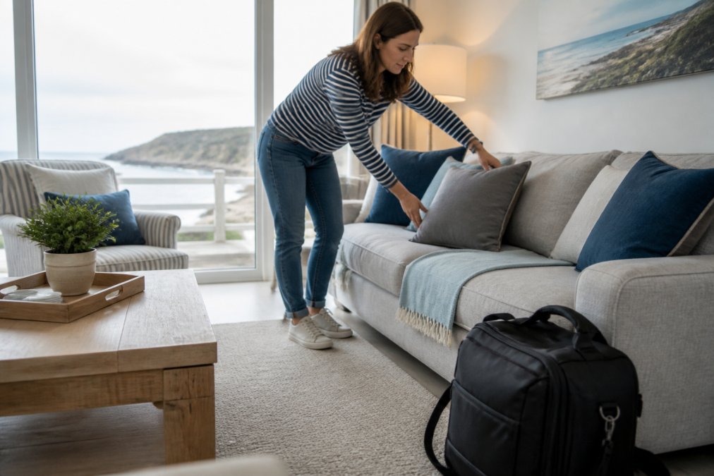 A holiday let owner fluffing cushions and straightening a throw on a sofa in a sunlit living room, with a professional camera bag resting on the floor nearby
