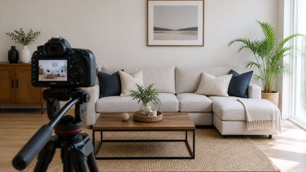 A tidy living room staged for video production with a camera on a tripod in the foreground