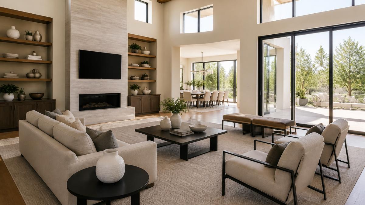 Professionally styled luxury living room with neutral-toned furniture arranged to showcase architectural features, large windows flooding the space with natural light, minimal accessories on surfaces, and clear sightlines through to adjacent rooms