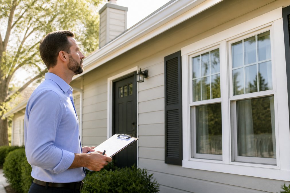 Property manager or executor inspecting the exterior of a residential home, checking windows and doors on a sunny day, with clipboard in hand
