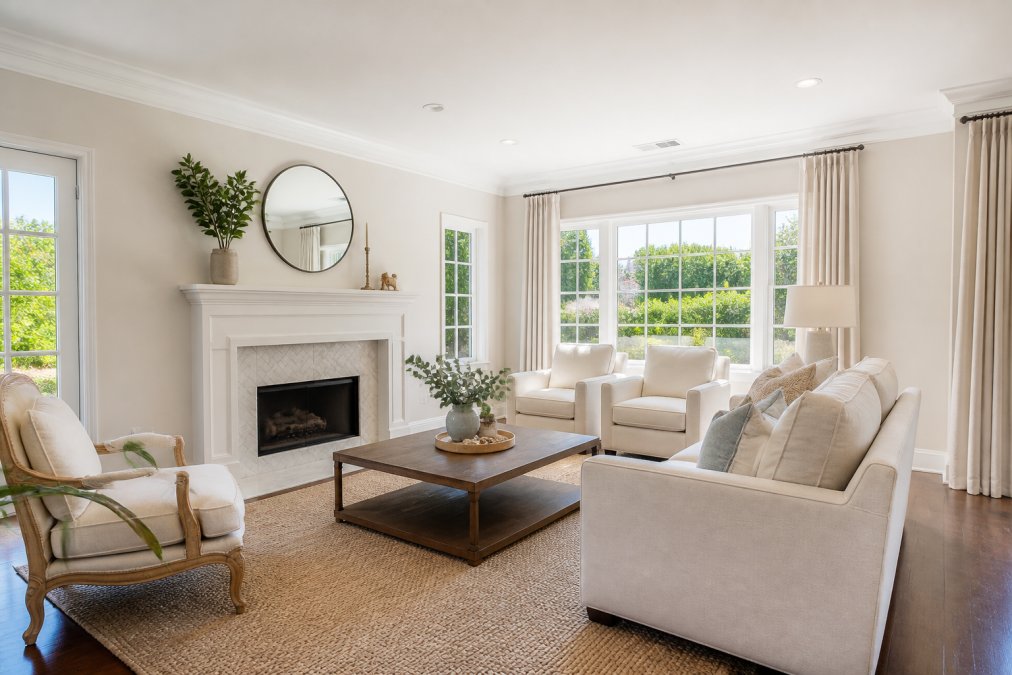 Bright, clean living room with natural light streaming through windows, showing a well-maintained residential interior ready for buyer showings