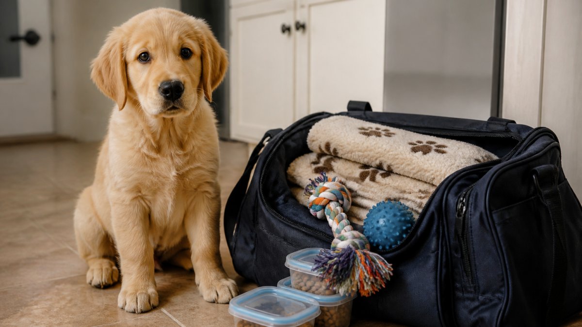 A puppy sitting beside an open duffel bag packed with a folded blanket, a chew toy, and small labeled food containers on a kitchen floor