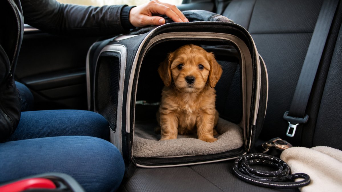 A small puppy sitting calmly inside a soft-sided pet carrier on a car seat, with a person's hand gently resting on the carrier and a leash nearby, bright natural light