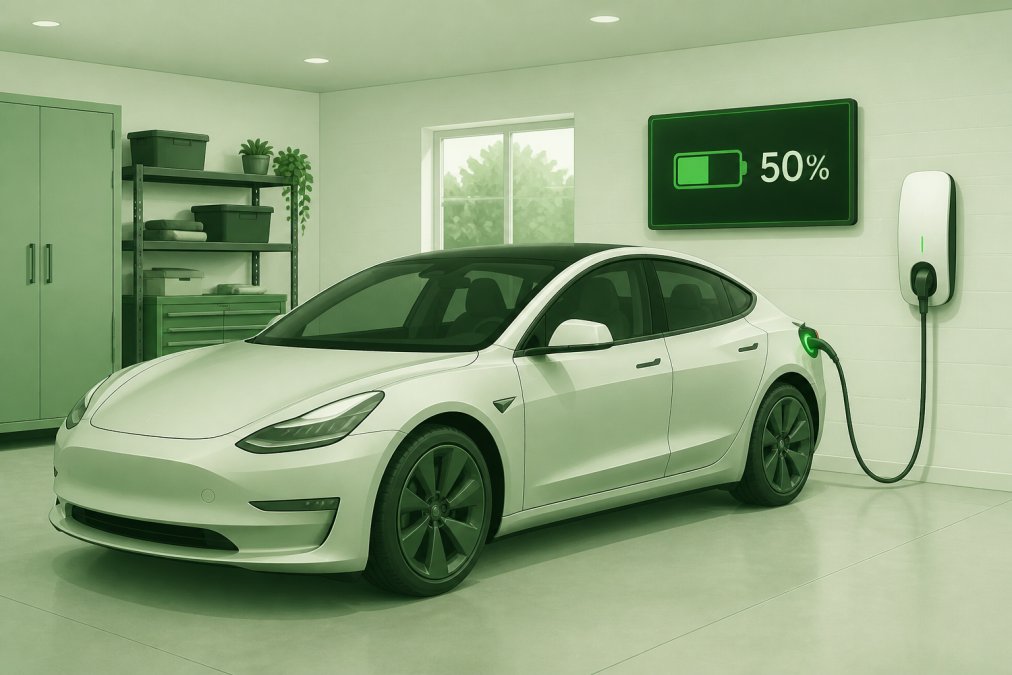 A Tesla Model 3 parked in a clean, dry domestic garage with a charging cable connected to the wall, the charging port light glowing green, and a wall-mounted unit display in the background reading 50%