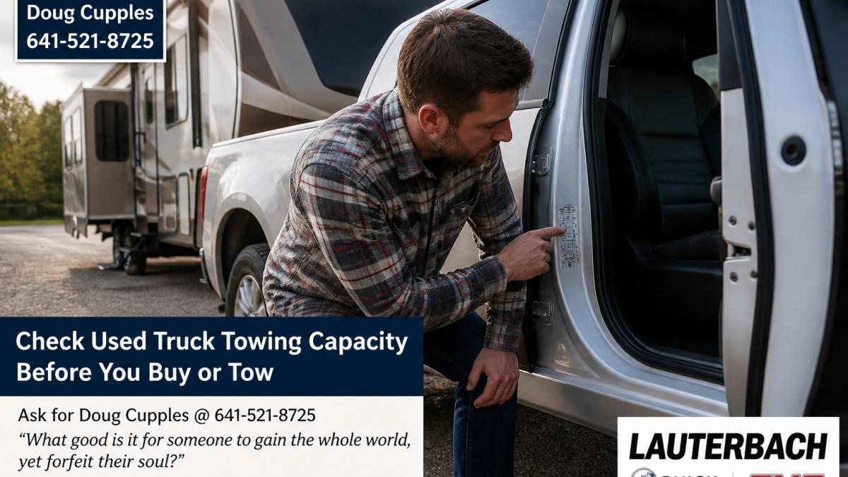 Man in a flannel shirt checking the weight rating sticker on a used truck door jamb before towing a fifth wheel.