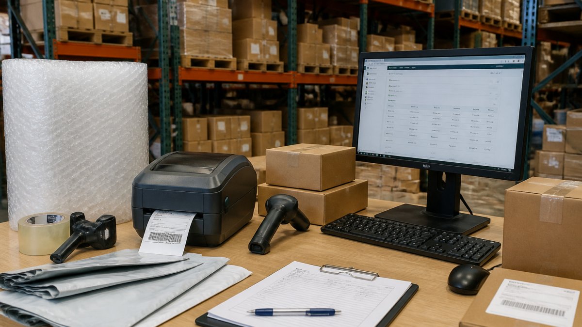 Workspace showing organized inventory with labeled boxes, barcode printer, shipping supplies including bubble wrap and poly bags, and a computer displaying Amazon Seller Central dashboard