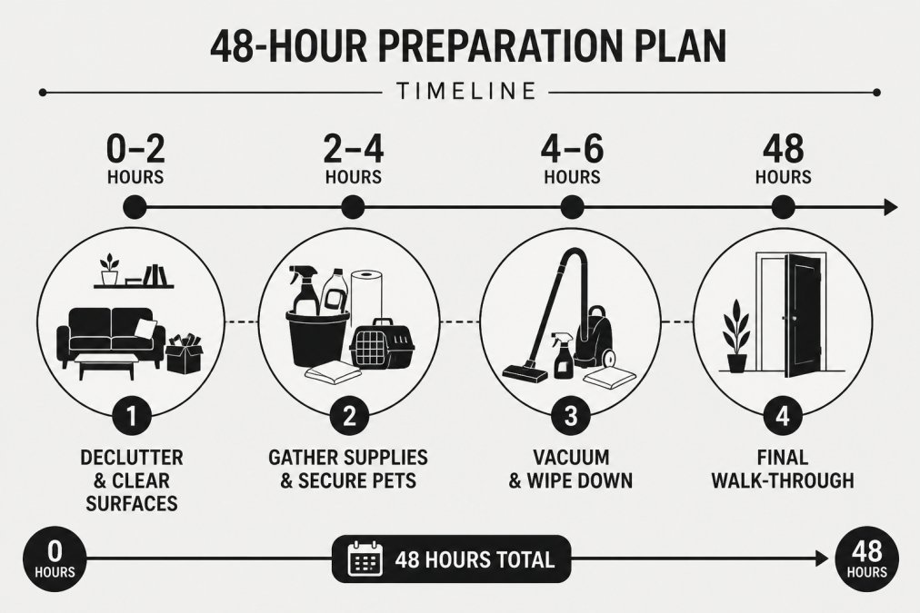 Timeline showing a 48-hour preparation plan: hours 0-2 declutter and clear surfaces, hours 2-4 gather supplies and secure pets, hours 4-6 vacuum and wipe down, final walk-through before cleaners arrive