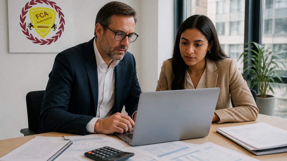 A compliance consultant and fintech founder reviewing financial projection spreadsheets on a laptop in a bright modern office, printed documents and a calculator on the desk