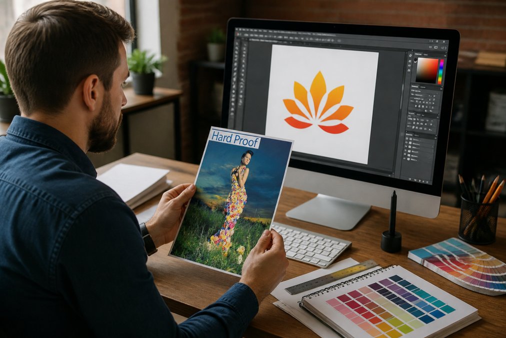Graphic designer working at a desk with a large monitor displaying a vector logo in Adobe Illustrator, color swatch books open beside the keyboard, a printed proof sheet and metal ruler on the desk surface under warm studio lighting