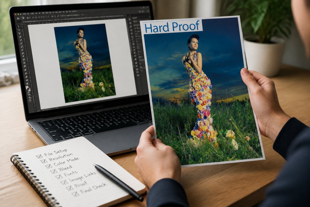 Close-up of a pair of hands holding a printed proof sheet next to a laptop screen displaying a vector design file open in Adobe Illustrator, with a handwritten checklist notepad and a pen resting on the desk under warm natural window light