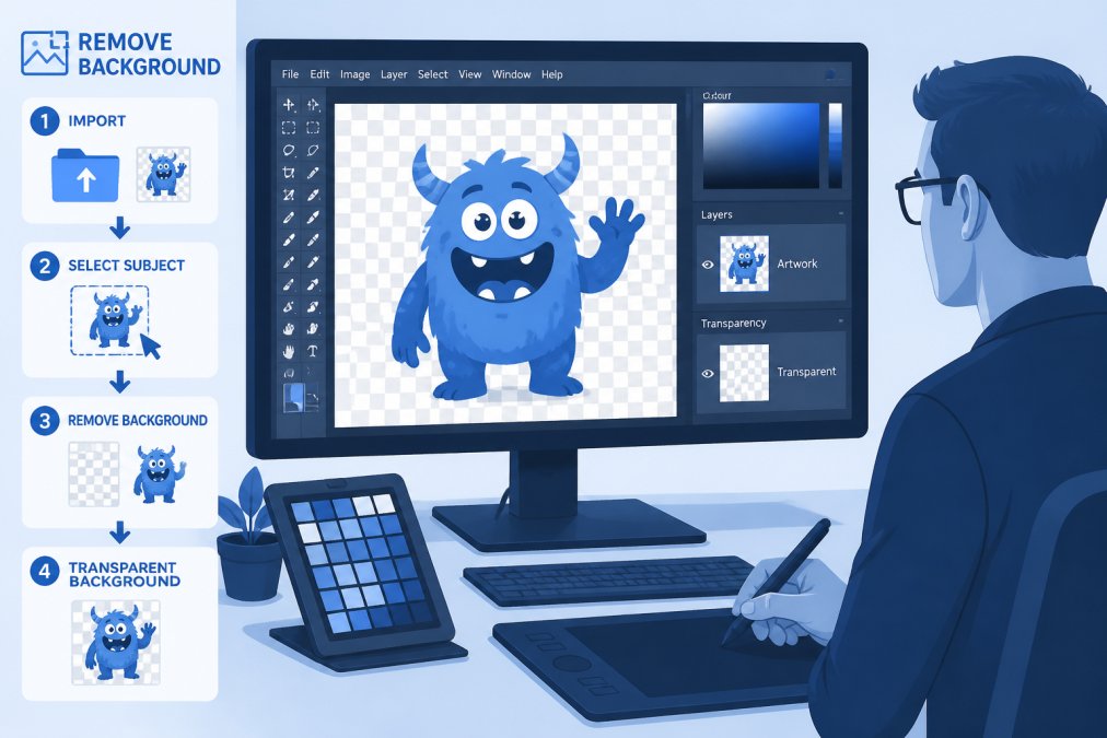 Professional designer working at a colour-calibrated monitor displaying graphic design software with a design showing transparent background layer visible, design tools and tablet with stylus on modern desk