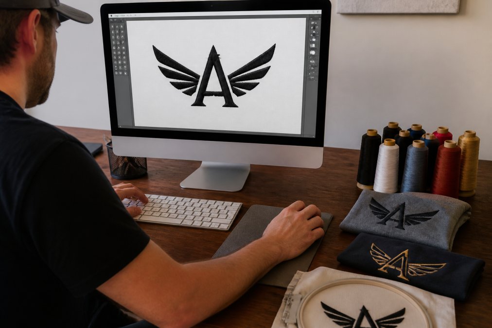 Close-up of a graphic designer's hands working on a vector logo on a desktop monitor, with embroidered fabric samples and thread spools arranged nearby on the desk