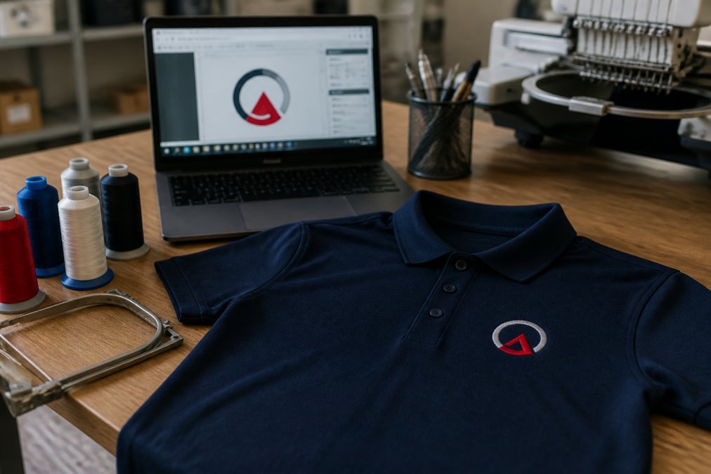 A finished embroidered logo on a dark polo shirt laid flat on a wooden table, with a laptop showing embroidery digitizing software in the background