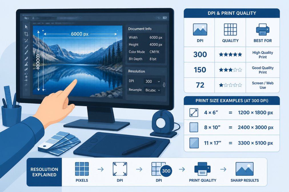 Professional designer's hand pointing at a high-resolution image displayed on a calibrated monitor, with design software open showing DPI settings, pixel dimensions, and resolution specifications visible in the interface
