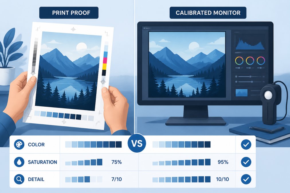 Designer reviewing a printed color proof sample held in hand next to a calibrated monitor displaying the same artwork, comparing colors, saturation, and fine details side-by-side in natural studio lighting