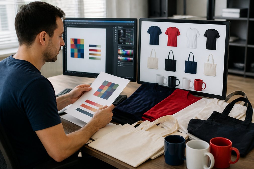 Designer at workstation reviewing printed promotional items including branded t-shirts, tote bags, and mugs alongside digital artwork displayed on dual monitors, comparing color accuracy and print quality under office lighting