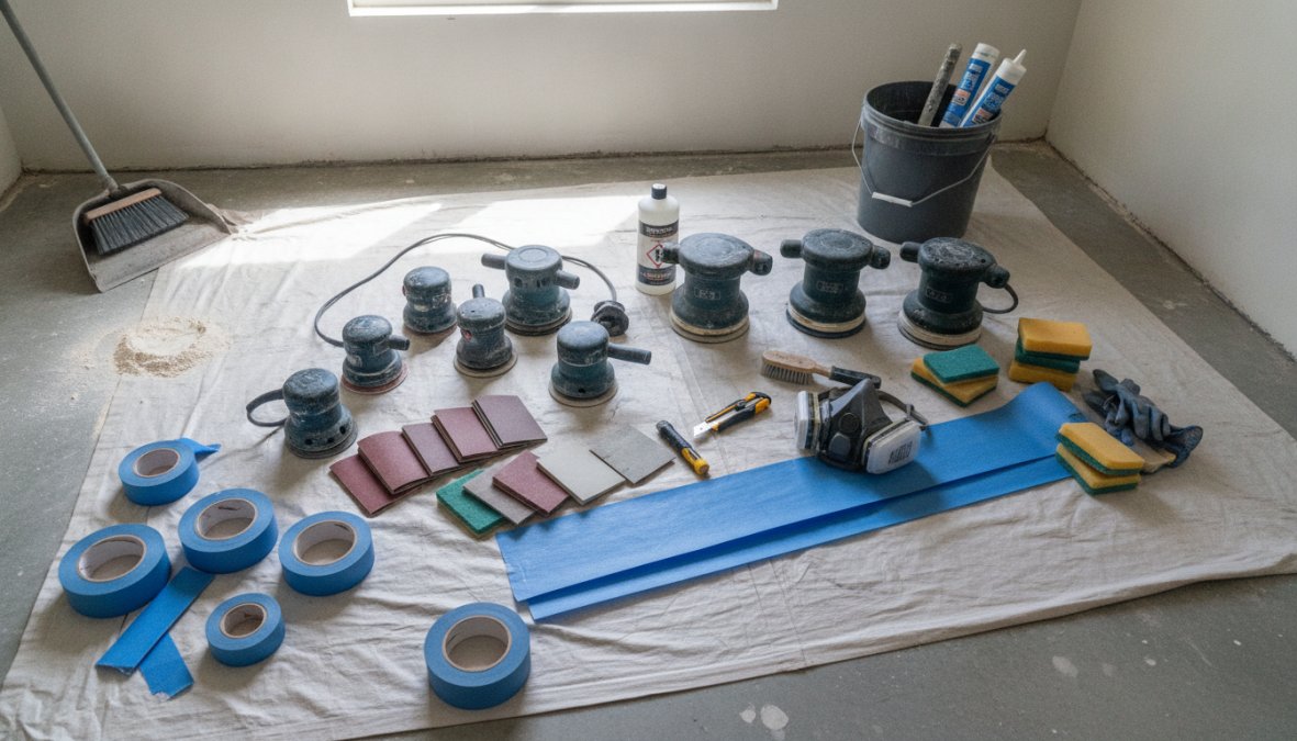 Close-up of cleaning supplies arranged on a bathroom counter including spray bottles with cleaning solutions, scrub brushes, pumice stone, rubber gloves, and safety equipment laid out neatly