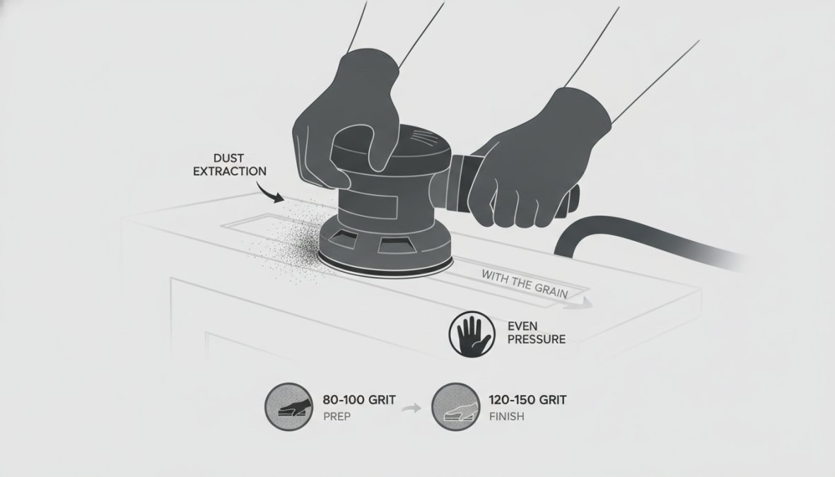 Close-up of hands using an orbital sander on a wooden cabinet surface, showing proper technique with dust extraction in action in a bright workshop