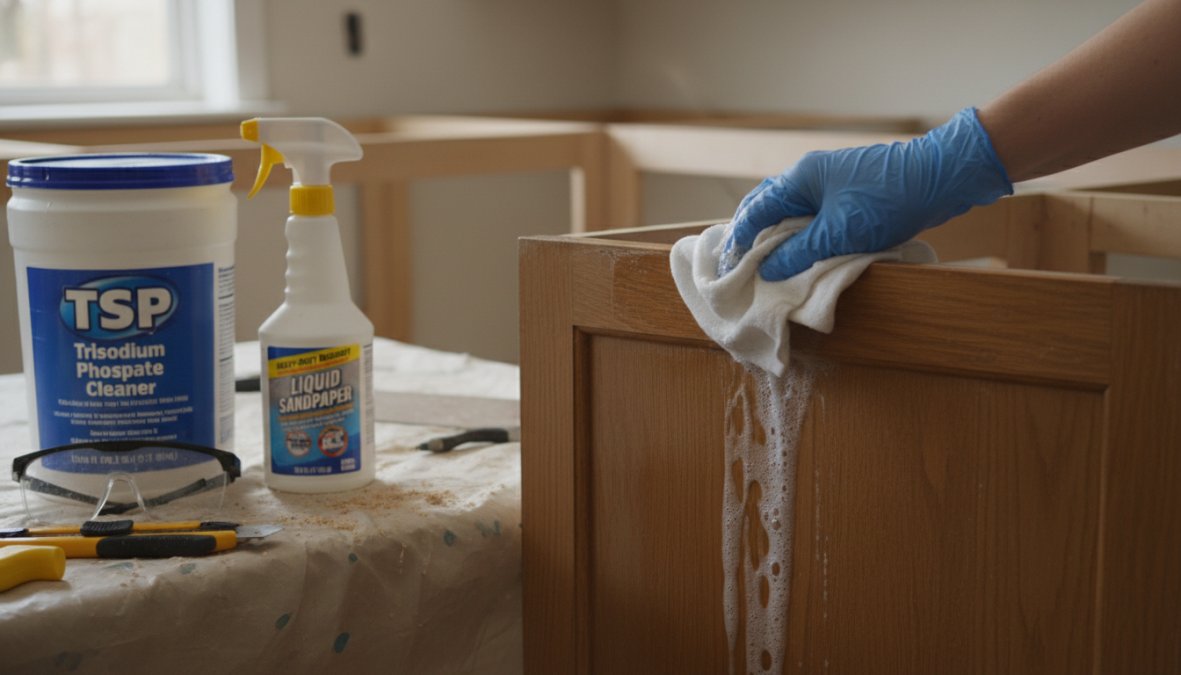 Close-up of a person wearing yellow rubber gloves wiping down a natural wood kitchen cabinet door with a white cloth soaked in degreaser, with a spray bottle of TSP solution and paper towels visible on the countertop in a bright kitchen under natural light