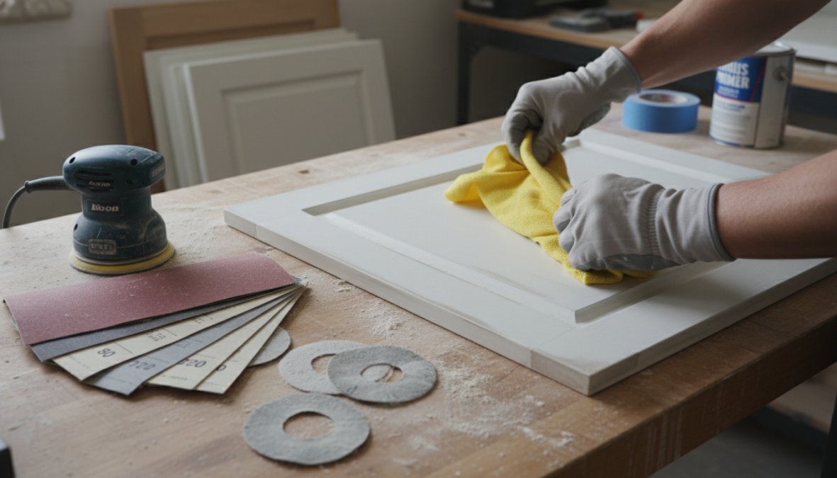 Hands wearing work gloves sanding a flat cabinet door on a wooden workbench with a sanding block and folded tack cloth nearby, fine white dust visible on the cabinet surface in a well-lit garage workshop with tools hanging on a pegboard in the background