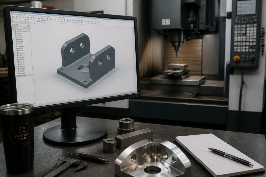 Close-up of a computer monitor displaying a 3D CAD model in a CAD software interface, with a CNC machine visible in the background of a well-lit workshop