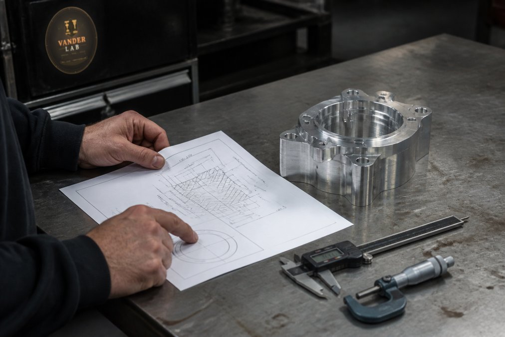 A machinist's hands reviewing a printed technical drawing next to a freshly machined metal part on a steel workbench, with calipers and a micrometer visible in natural workshop lighting