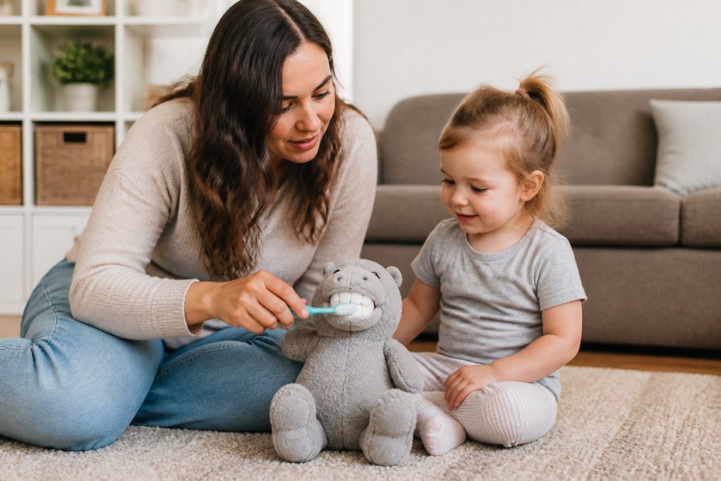 A parent sitting on the floor with a toddler, using a small toy toothbrush to brush a stuffed animal's teeth while the child watches and smiles, in a bright living room A parent sitting on the floor with a toddler, using a small toy toothbrush to brush a stuffed animal's teeth while the child watches and smiles, in a bright living room