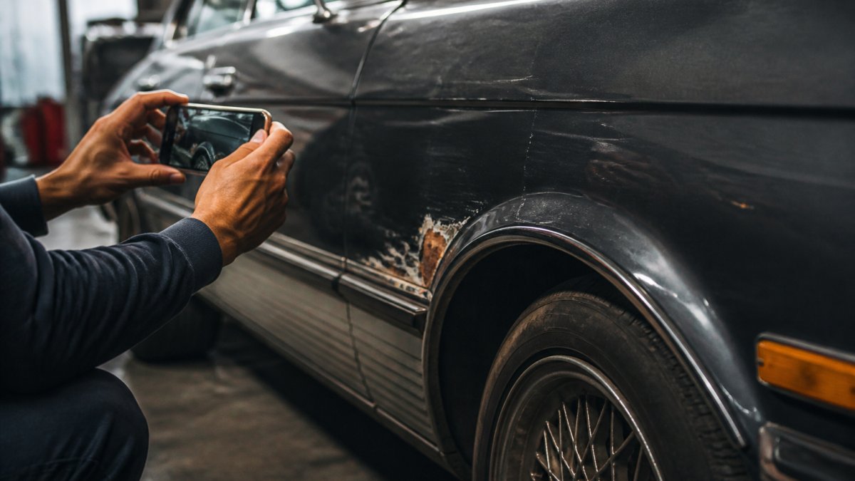 Infographic showing how to prepare classic car for transport by documenting exterior damage with a smartphone.