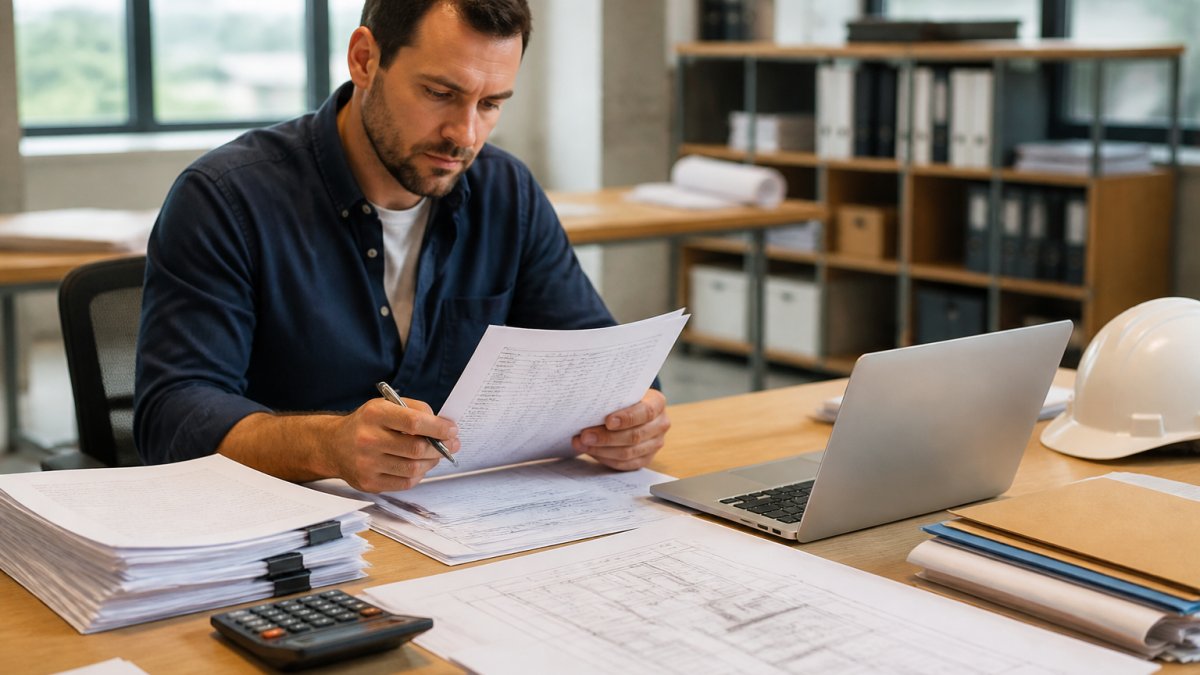Contractor reviewing construction job cost documents and project folders at desk with laptop and calculator in modern office setting with natural lighting